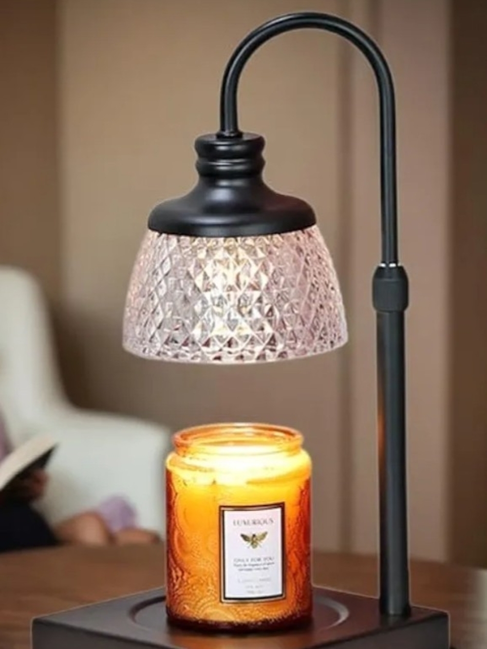 Matte Black Candle Warmer Lamp with Clear Patterned Glass Shade